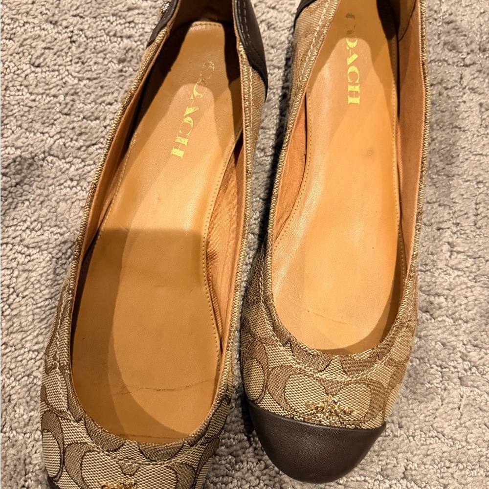 Coach Beige Signature Canvas Ballet Flats with Dark Brown Toe